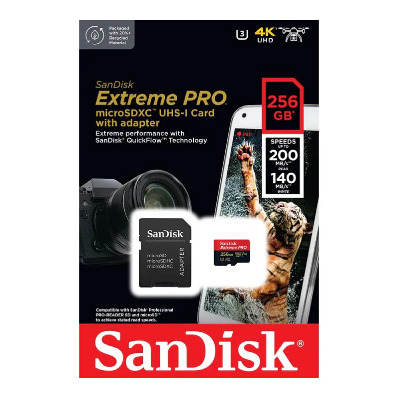 Memory Card SanDisk Extreme Pro SD UHS I 256GB for 4K Video for DSLR and Mirrorless Cameras 200MB/s Read & 140MB/s Write