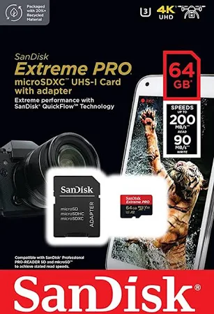 Memory Card SanDisk Extreme Pro SD UHS I 64GB  for 4K Video for DSLR and Mirrorless Cameras 200MB/s Read & 90MB/s Write