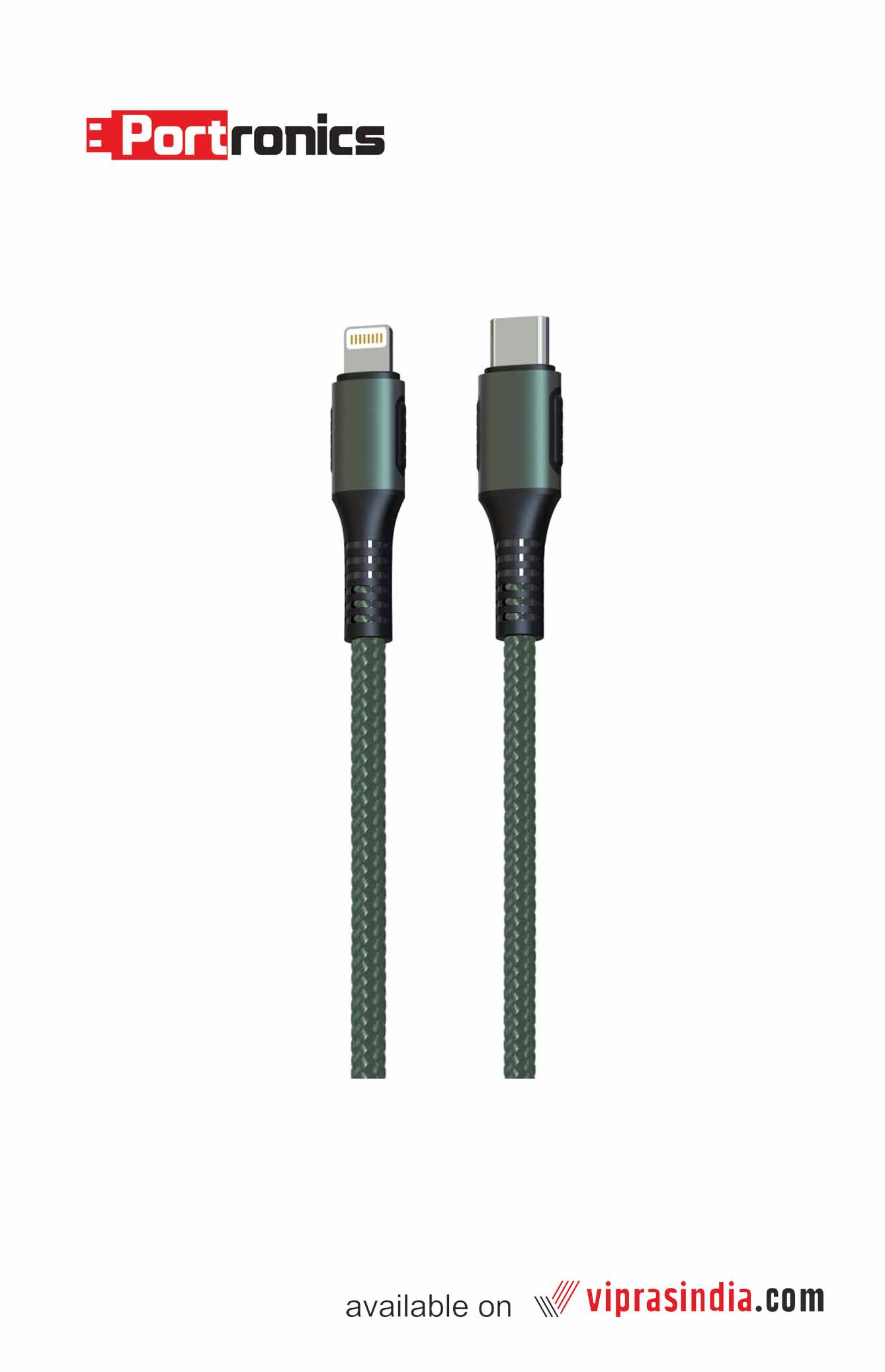 Portronics Konnect CL 18W POR-1067 Type-C to 8 Pin USB 1.2M Cable with Power Delivery & 3A Quick Charge Support, Nylon Braided for All Type-C and 8 Pin Devices, Green