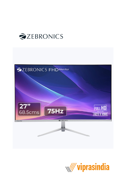 Monitor Zebronics ZEB-A27FHD, LED Screen 27inch, Resolution 1920 x 1080, Aspect Ratio 16:9, Ports(HDMI, VGA),Built-in Speaker, Colour White