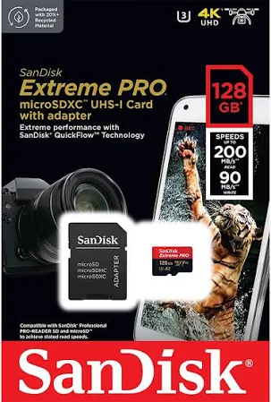 Memory Card SanDisk Extreme Pro SD UHS I 128GB for 4K Video for DSLR and Mirrorless Cameras 200MB/s Read & 90MB/s Write